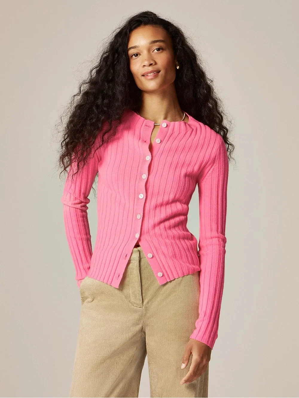 J. Crew Pink Ribbed Button-Front Cashmere Cardigan